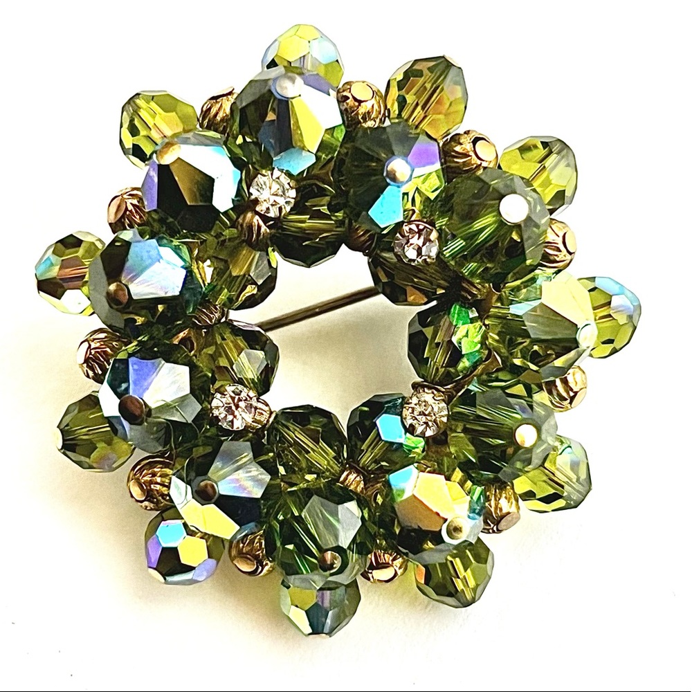 Vintage Brooch Beaded Rhinestone Retro Moss Olive Aurora Green Circle Wreath Pin